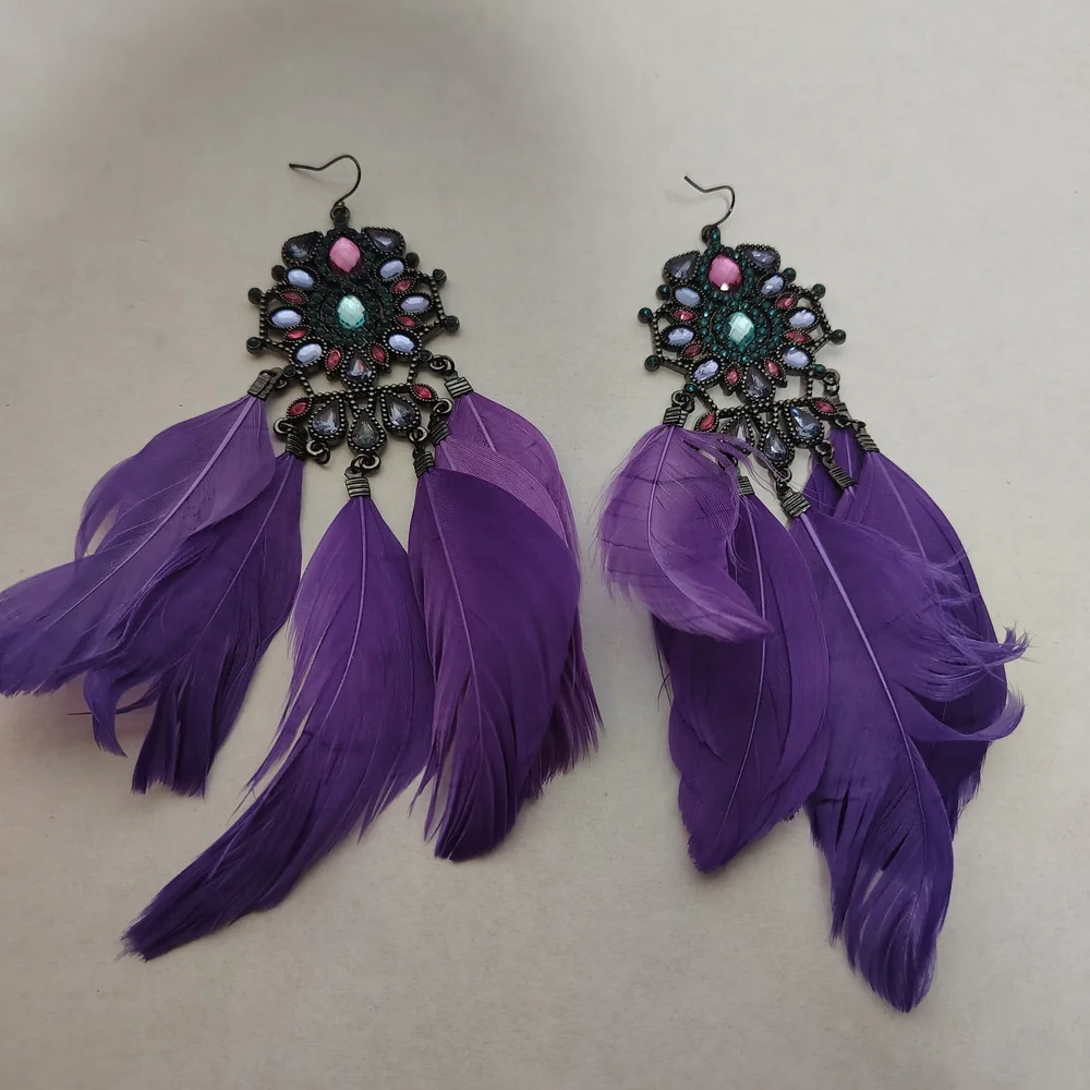 Bohemian Boho Purple Feather Stone Dangle Drop Ethnic Long Hook Earrings